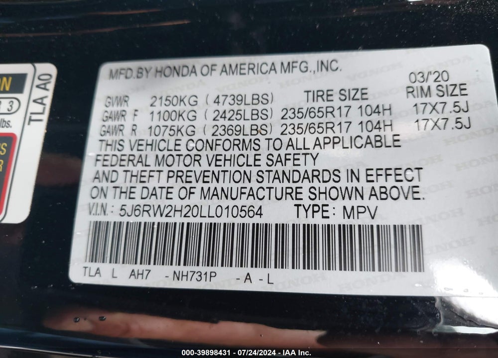 2020 HONDA CR-V AWD LX VIN: 5J6RW2H20LL010564
