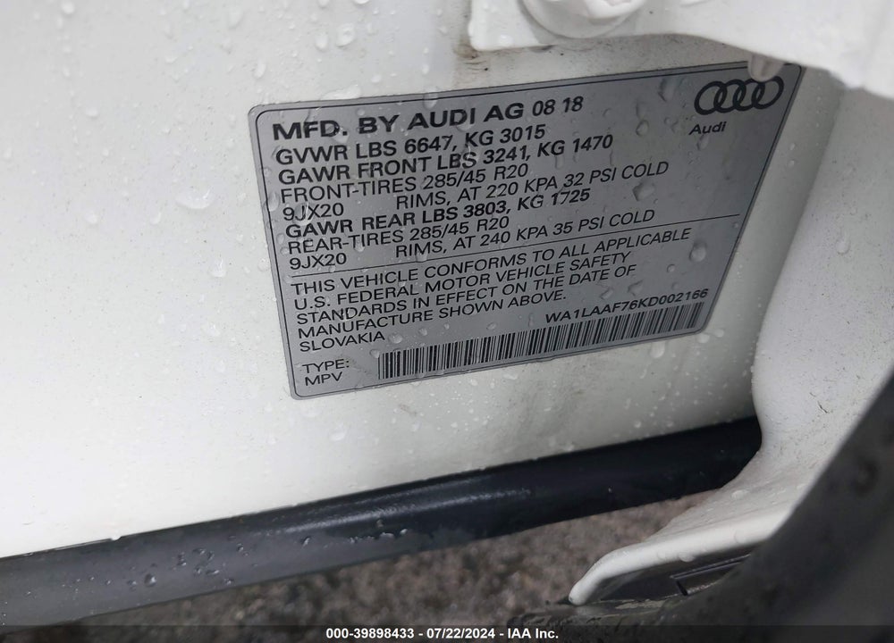 2019 AUDI Q7 55 PREMIUM/55 SE PREMIUM VIN: WA1LAAF76KD002166