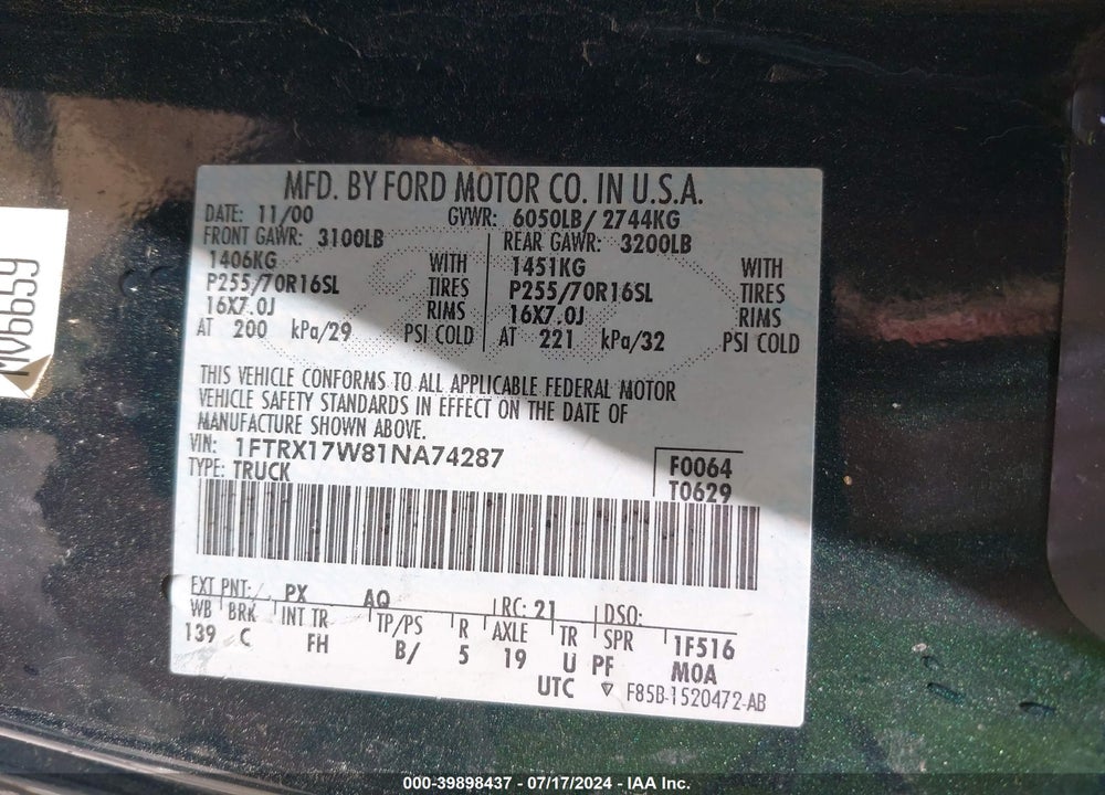2001 FORD F-150 LARIAT/XL/XLT VIN: 1FTRX17W81NA74287