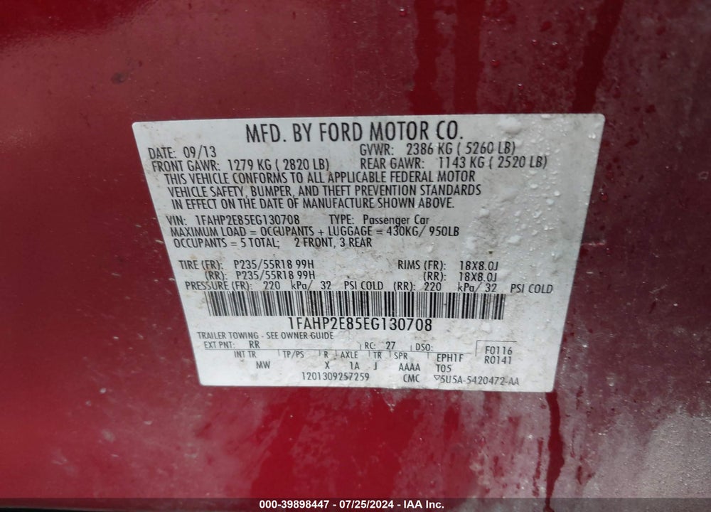 2014 FORD TAURUS SEL VIN: 1FAHP2E85EG130708
