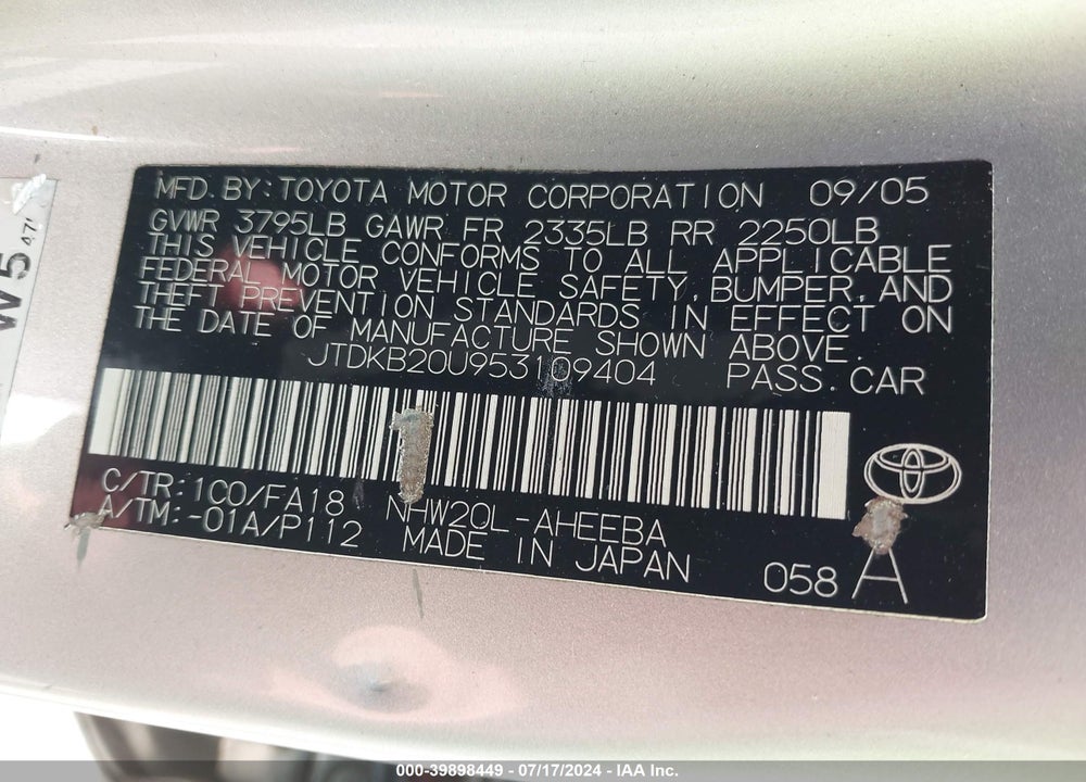 2005 TOYOTA PRIUS VIN: JTDKB20U953109404