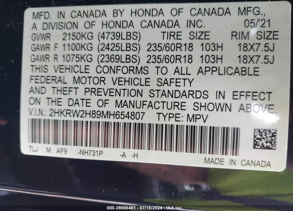 2021 HONDA CR-V AWD EX-L VIN: 2HKRW2H89MH654807