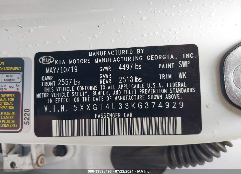 2019 KIA OPTIMA LX VIN: 5XXGT4L33KG374929