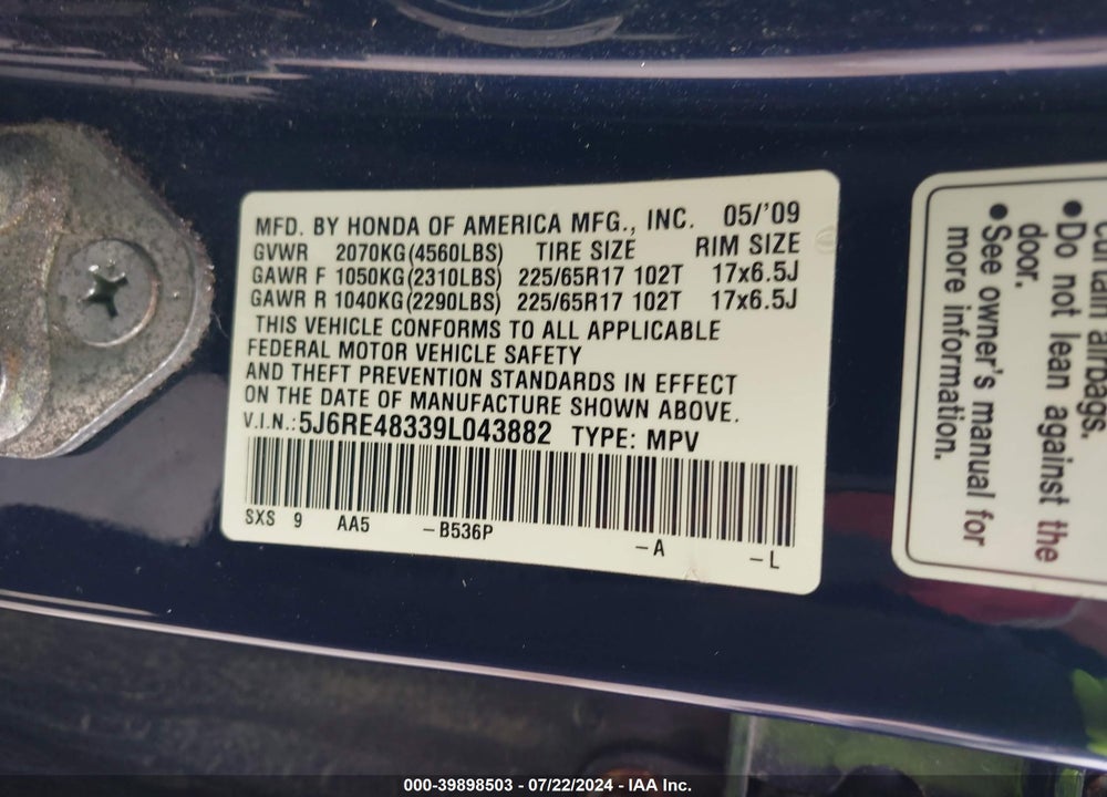 2009 HONDA CR-V LX VIN: 5J6RE48339L043882