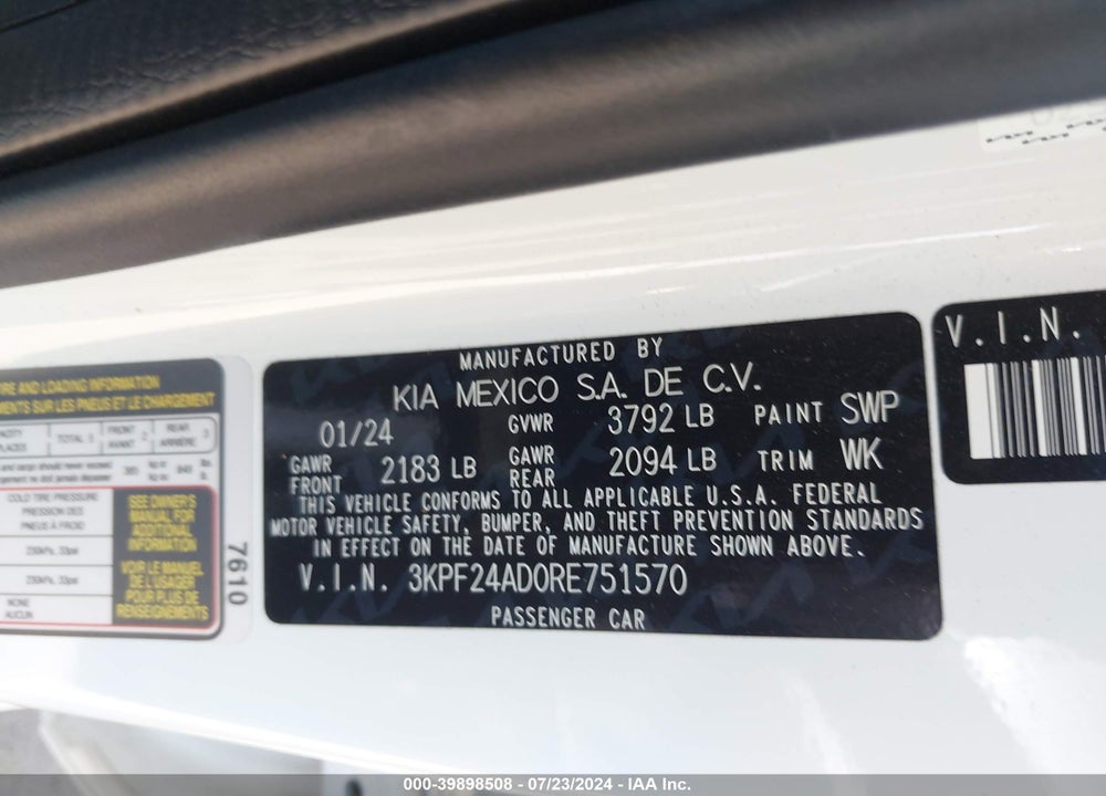 2024 KIA FORTE LXS VIN: 3KPF24AD0RE751570