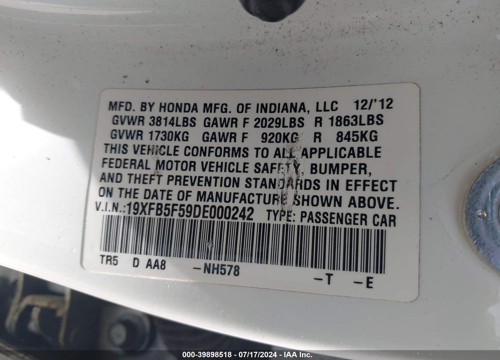 2013 HONDA CIVIC NATURAL GAS VIN: 19XFB5F59DE000242
