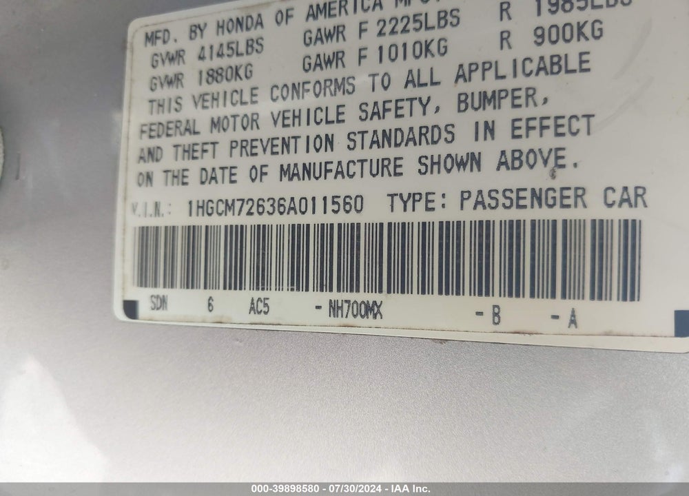 2006 HONDA ACCORD 2.4 EX VIN: 1HGCM72636A011560