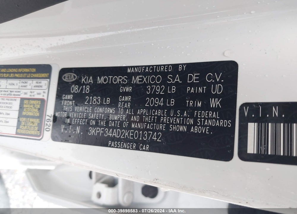 2019 KIA FORTE S VIN: 3KPF34AD2KE013742