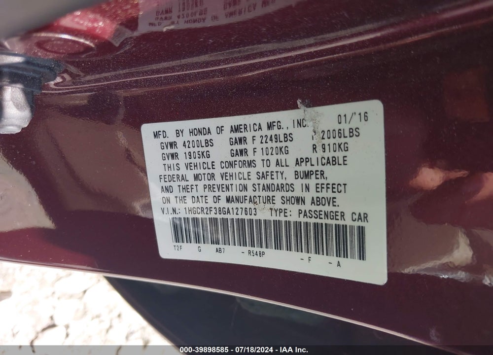 2016 HONDA ACCORD LX VIN: 1HGCR2F38GA127603