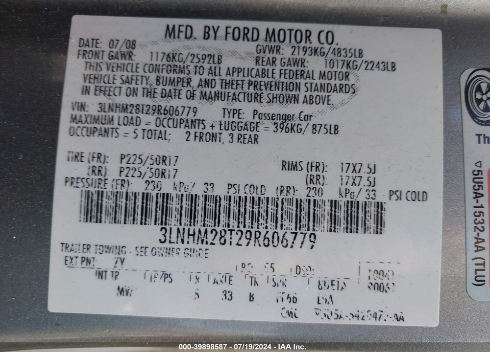 2009 LINCOLN MKZ VIN: 3LNHM28T29R606779