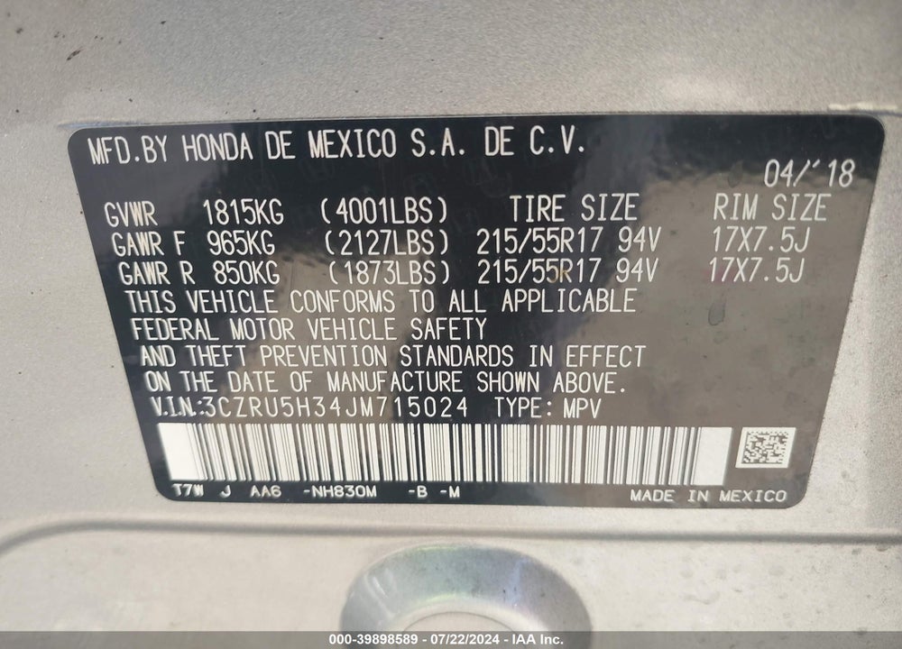 2018 HONDA HR-V LX VIN: 3CZRU5H34JM715024