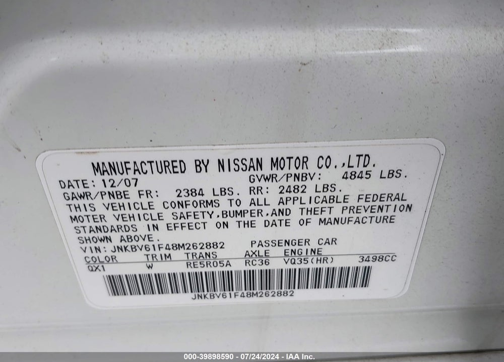 2008 INFINITI G35X VIN: JNKBV61F48M262882