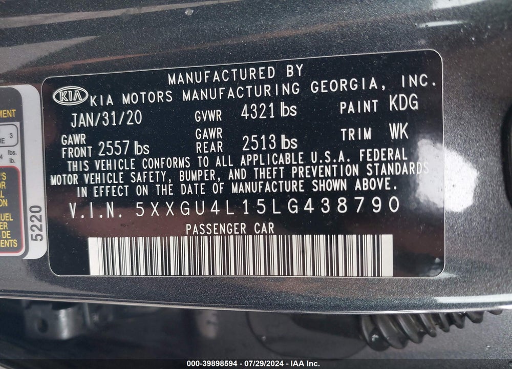 2020 KIA OPTIMA EX PREMIUM VIN: 5XXGU4L15LG438790