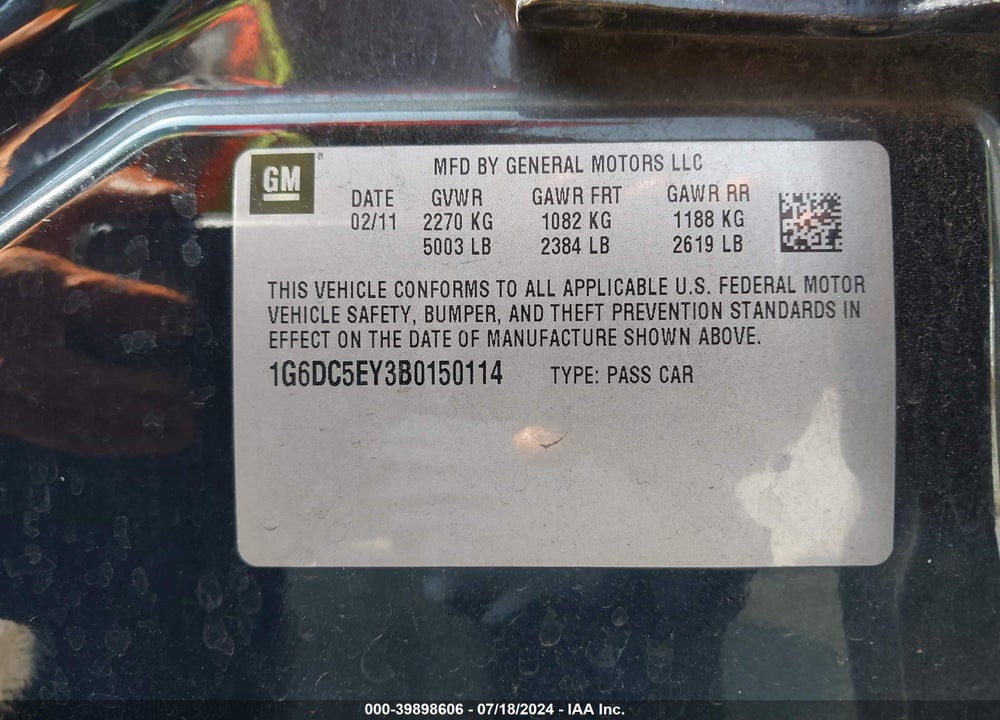 2011 CADILLAC CTS STANDARD VIN: 1G6DC5EY3B0150114