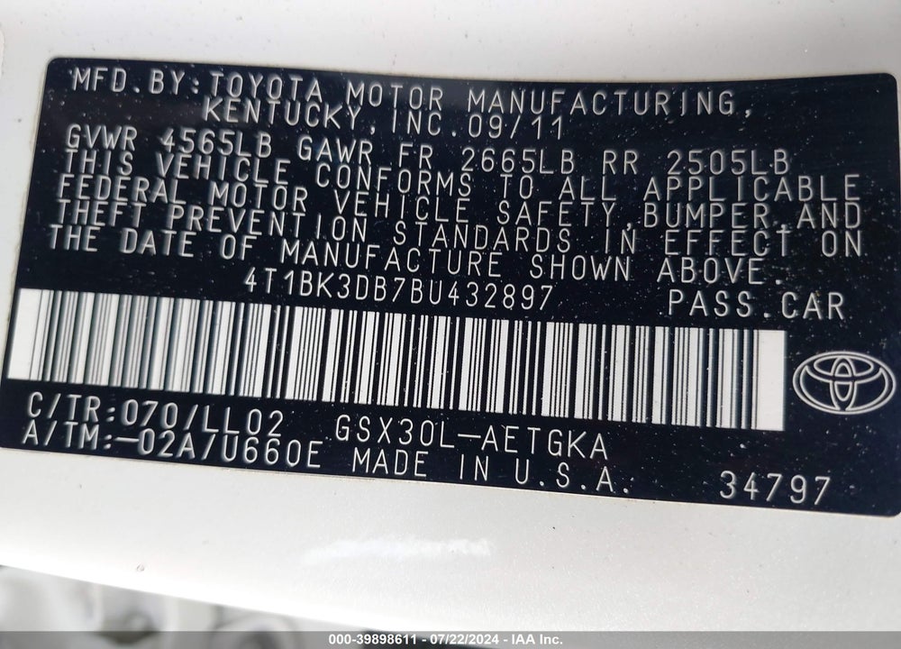 2011 TOYOTA AVALON VIN: 4T1BK3DB7BU432897