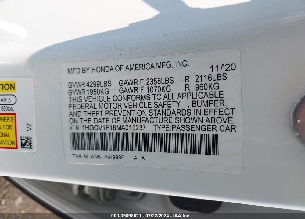 2021 HONDA ACCORD LX VIN: 1HGCV1F18MA015237