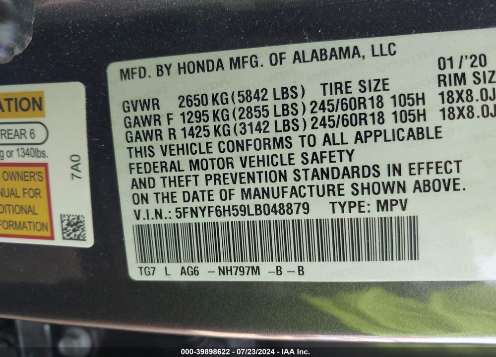 2020 HONDA PILOT AWD EX-L VIN: 5FNYF6H59LB048879