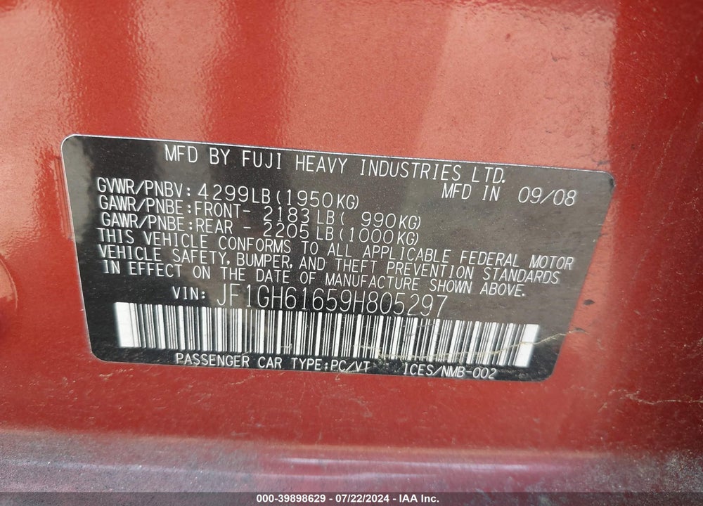 2009 SUBARU IMPREZA 2.5I VIN: JF1GH61659H805297