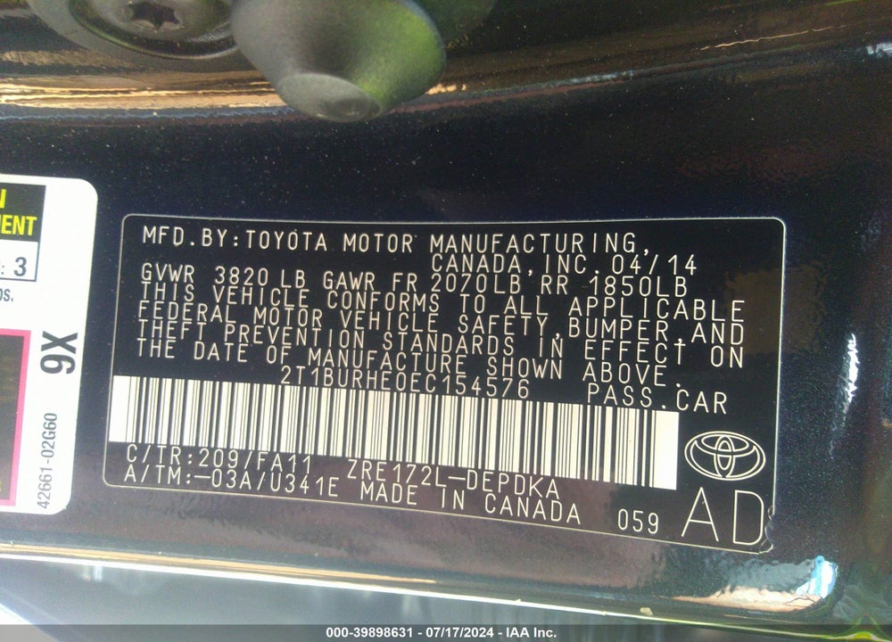 2014 TOYOTA COROLLA VIN: 2T1BURHE0EC154576