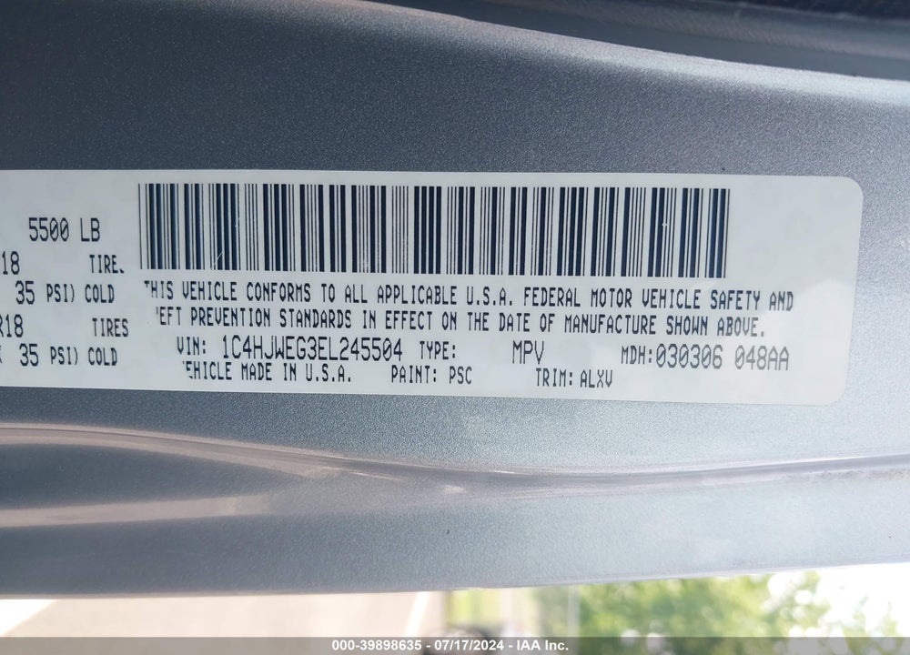 2014 JEEP WRANGLER UNLIMITED SAHARA VIN: 1C4HJWEG3EL245504