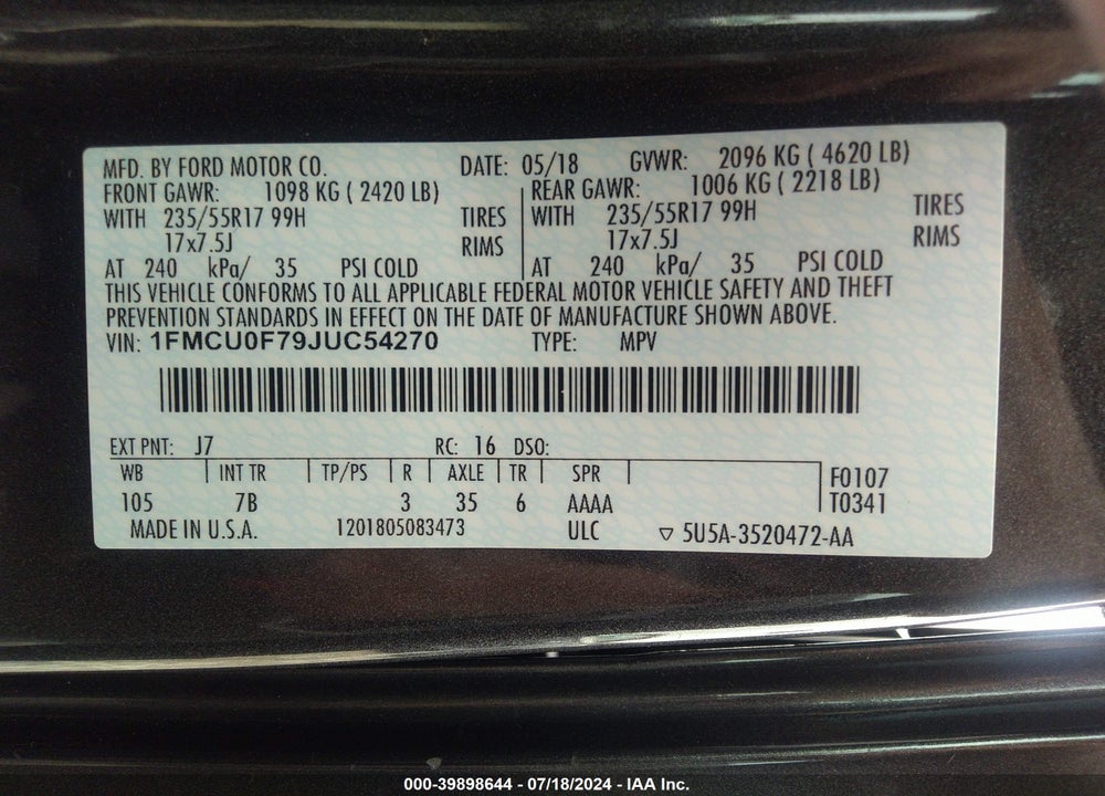 2018 FORD ESCAPE VIN: 1FMCU0F79JUC54270
