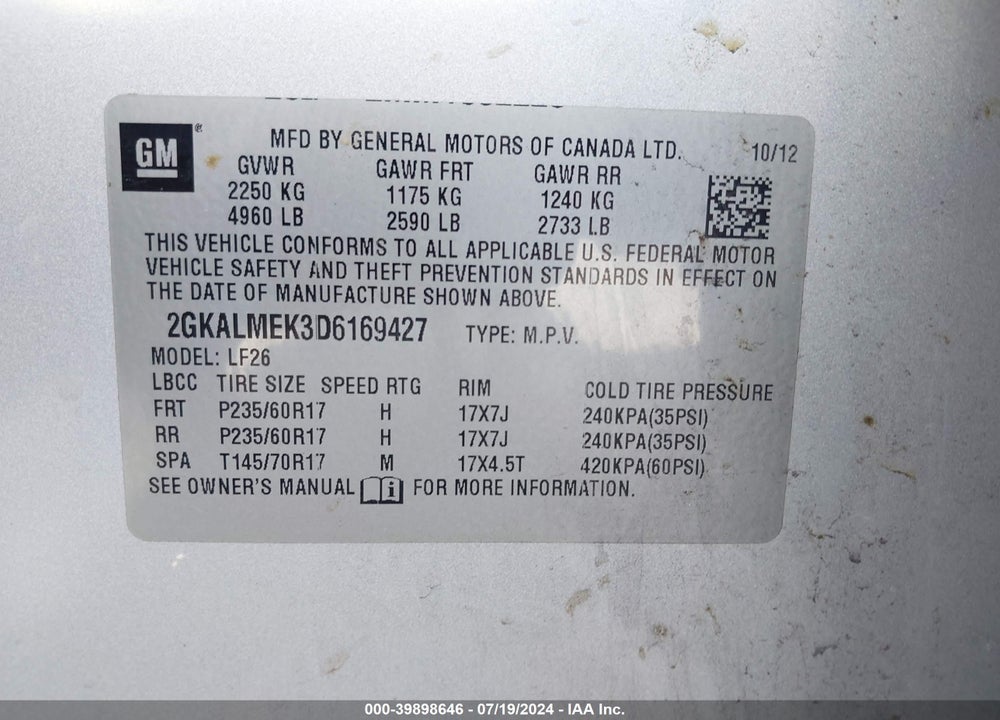 2013 GMC TERRAIN SLE-1 VIN: 2GKALMEK3D6169427