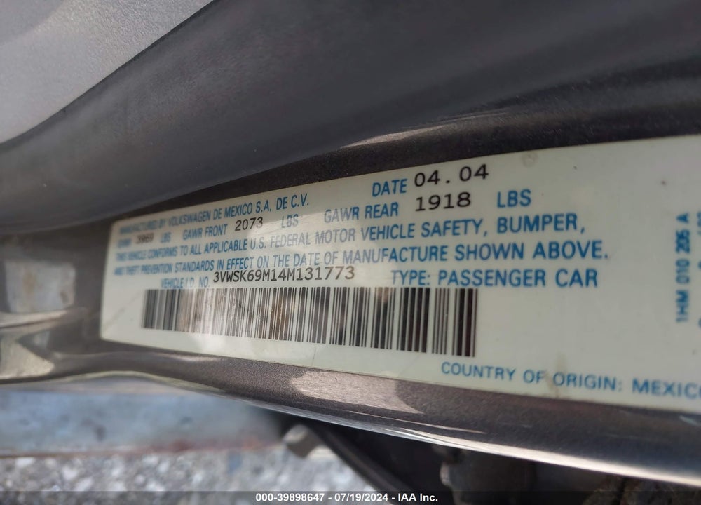 2004 VOLKSWAGEN JETTA GLS 2.0L VIN: 3VWSK69M14M131773
