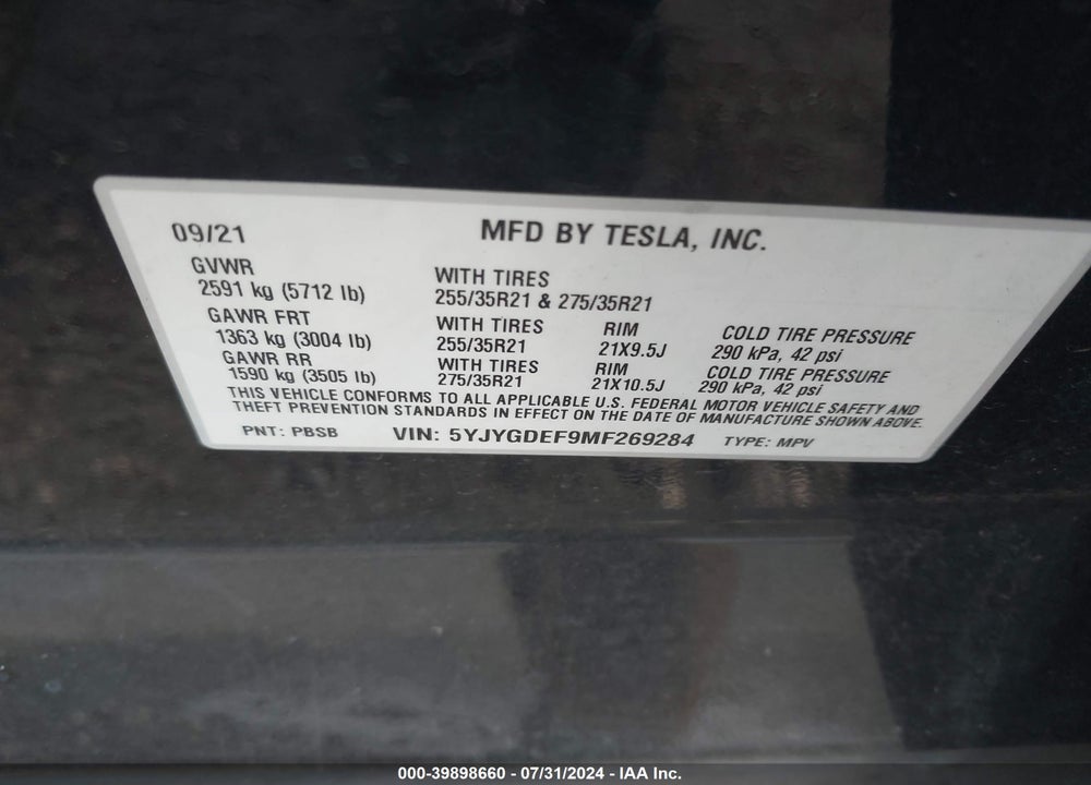 2021 TESLA MODEL Y PERFORMANCE DUAL MOTOR ALL-WHEEL DRIVE VIN: 5YJYGDEF9MF269284