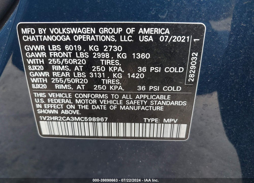 2021 VOLKSWAGEN ATLAS 3.6L V6 SE W/TECHNOLOGY VIN: 1V2HR2CA3MC598967