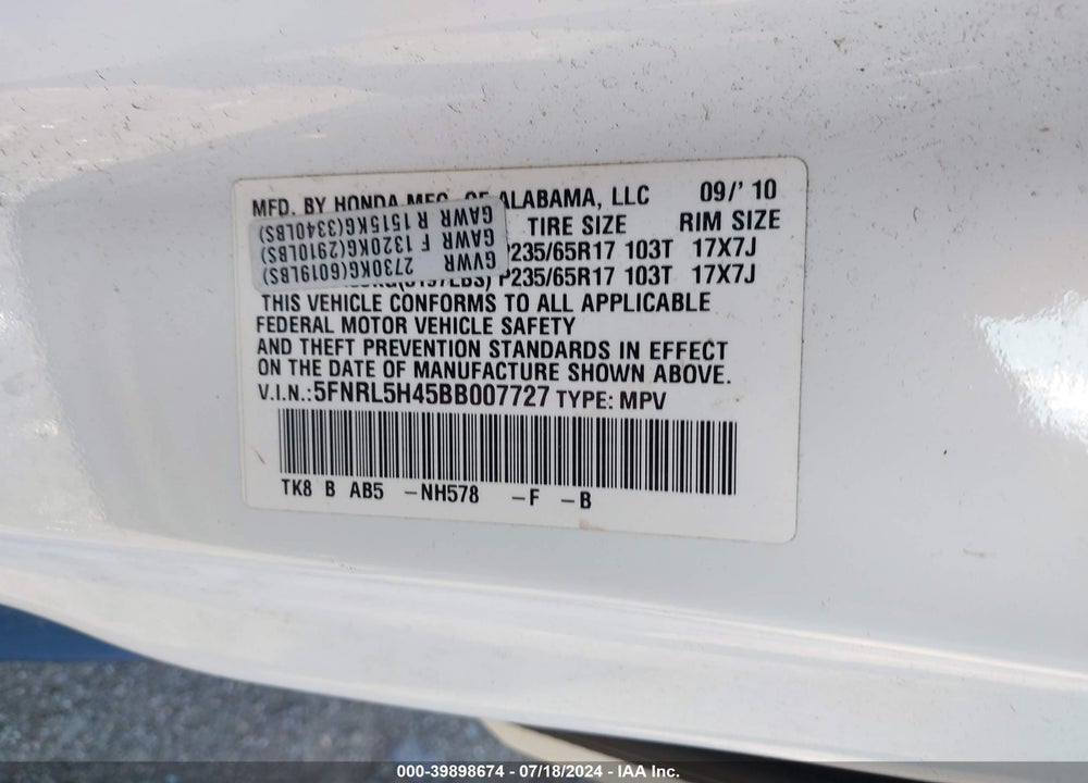 2011 HONDA ODYSSEY VIN: 5FNRL5H45BB007727