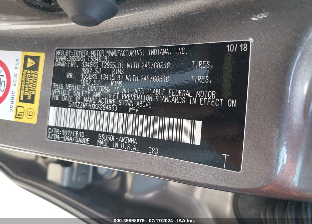 2019 TOYOTA HIGHLANDER LE VIN: 5TDZZRFHXKS294893