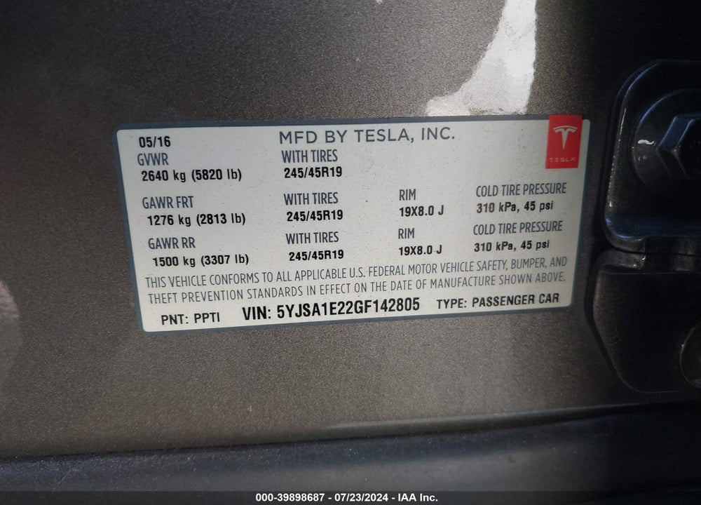 2016 TESLA MODEL S 60D/70D/75D/85D/90D VIN: 5YJSA1E22GF142805