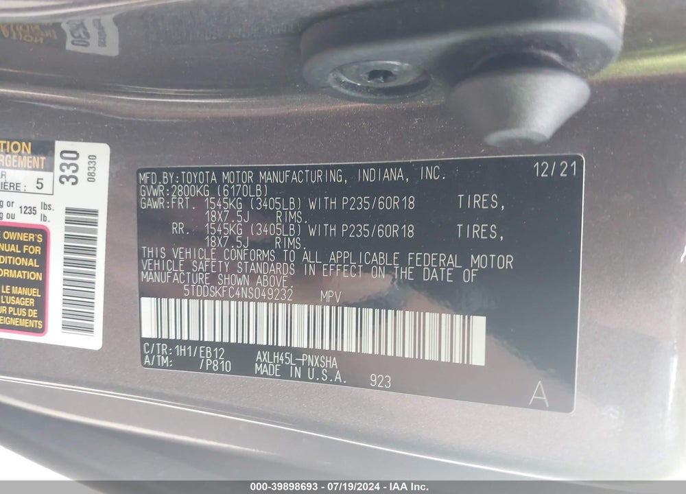 2022 TOYOTA SIENNA XSE VIN: 5TDDSKFC4NS049232