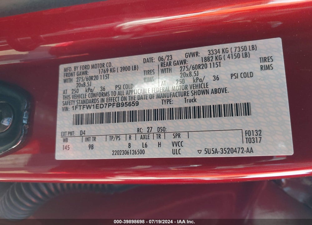 2023 FORD F-150 PLATINUM VIN: 1FTFW1ED7PFB95659