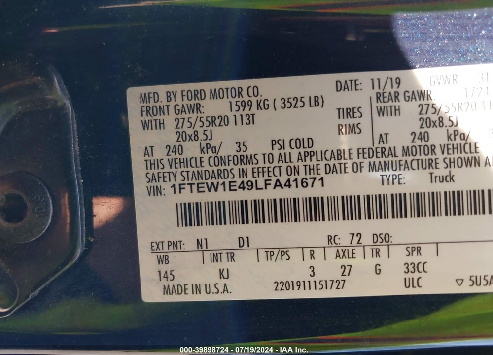2020 FORD F-150 KING RANCH VIN: 1FTEW1E49LFA41671