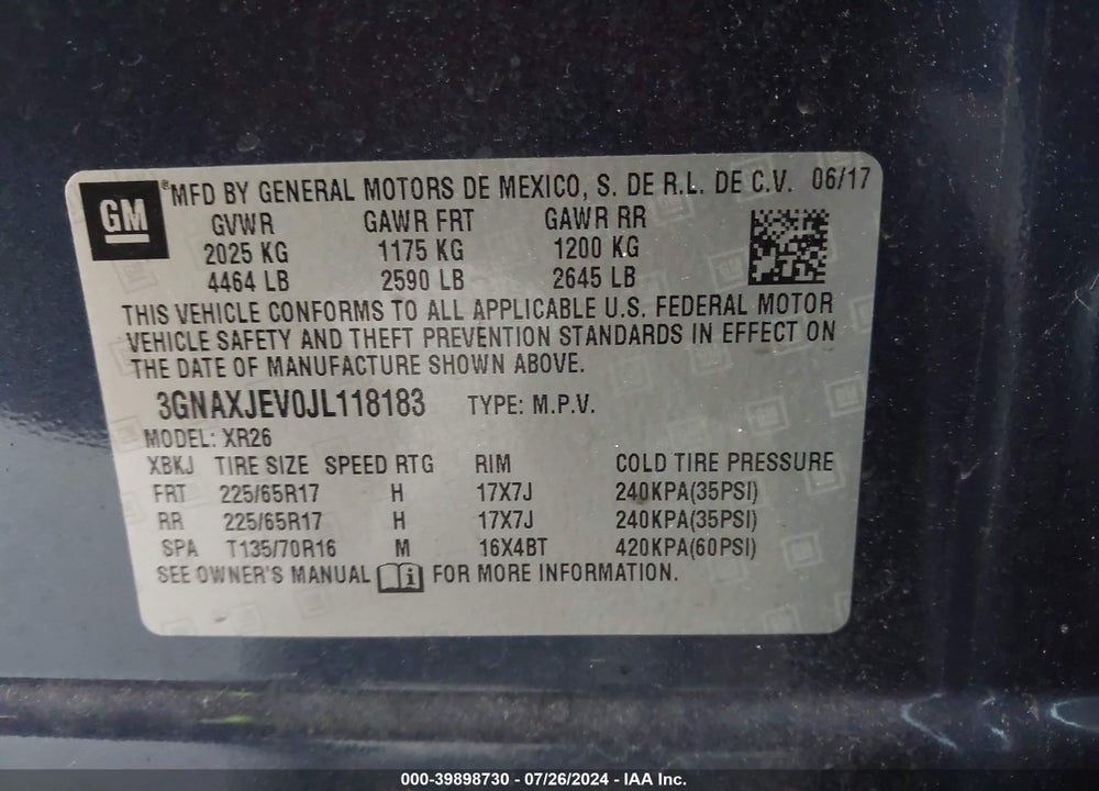 2018 CHEVROLET EQUINOX LT VIN: 3GNAXJEV0JL118183