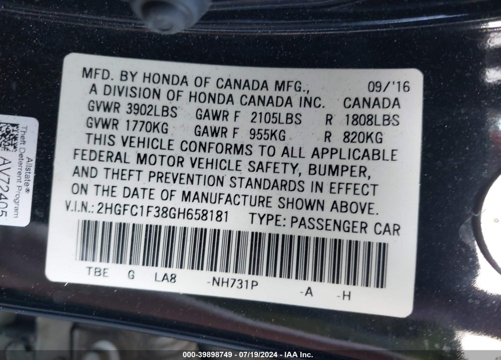 2016 HONDA CIVIC EX-T VIN: 2HGFC1F38GH658181