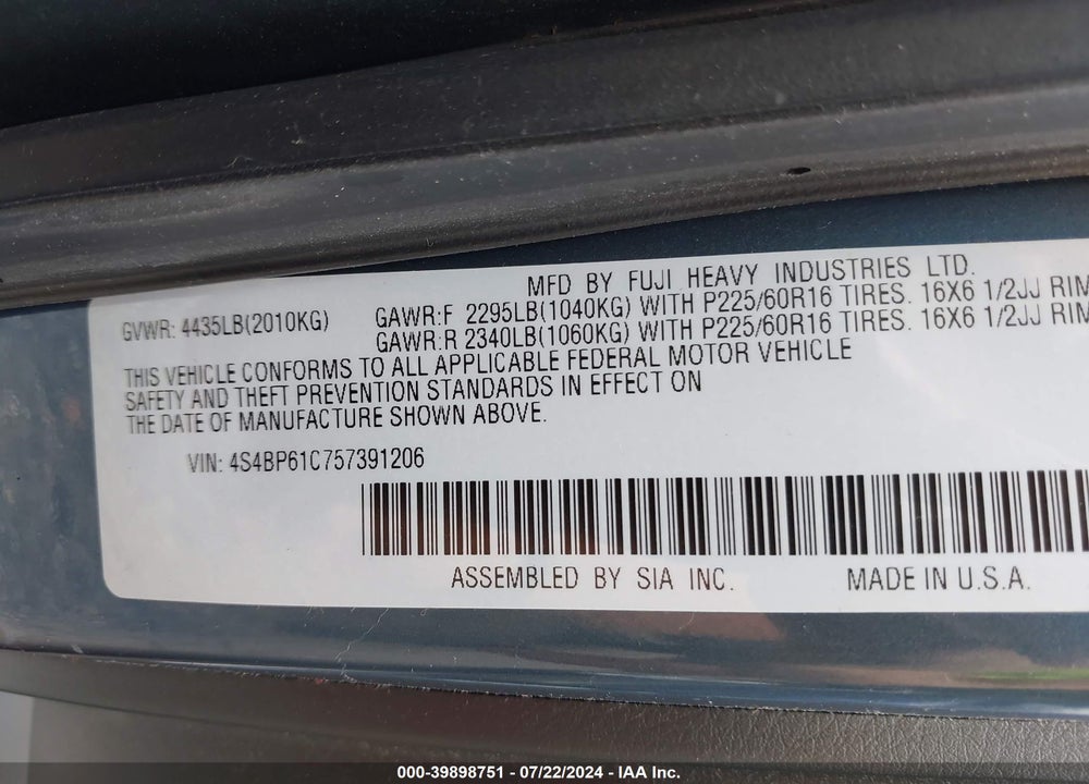 2005 SUBARU OUTBACK 2.5I VIN: 4S4BP61C757391206
