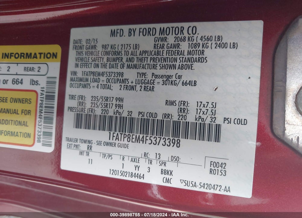 2015 FORD MUSTANG V6 VIN: 1FATP8EM4F5373398