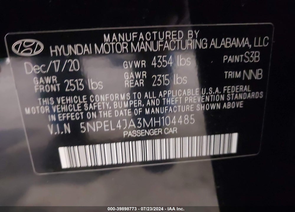 2021 HYUNDAI SONATA SEL VIN: 5NPEL4JA3MH104485