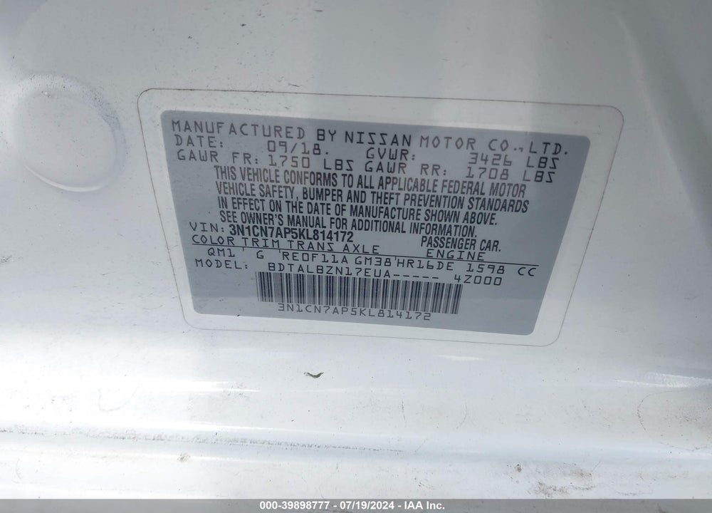 2019 NISSAN VERSA 1.6 SV VIN: 3N1CN7AP5KL814172