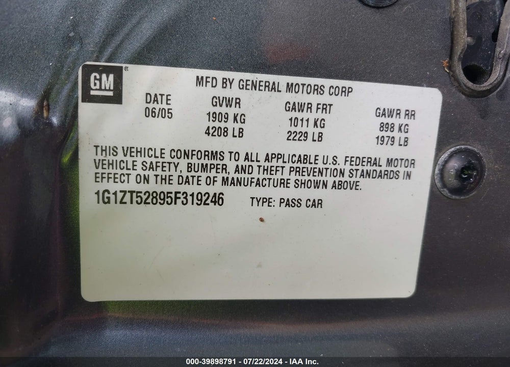 2005 CHEVROLET MALIBU LS VIN: 1G1ZT52895F319246
