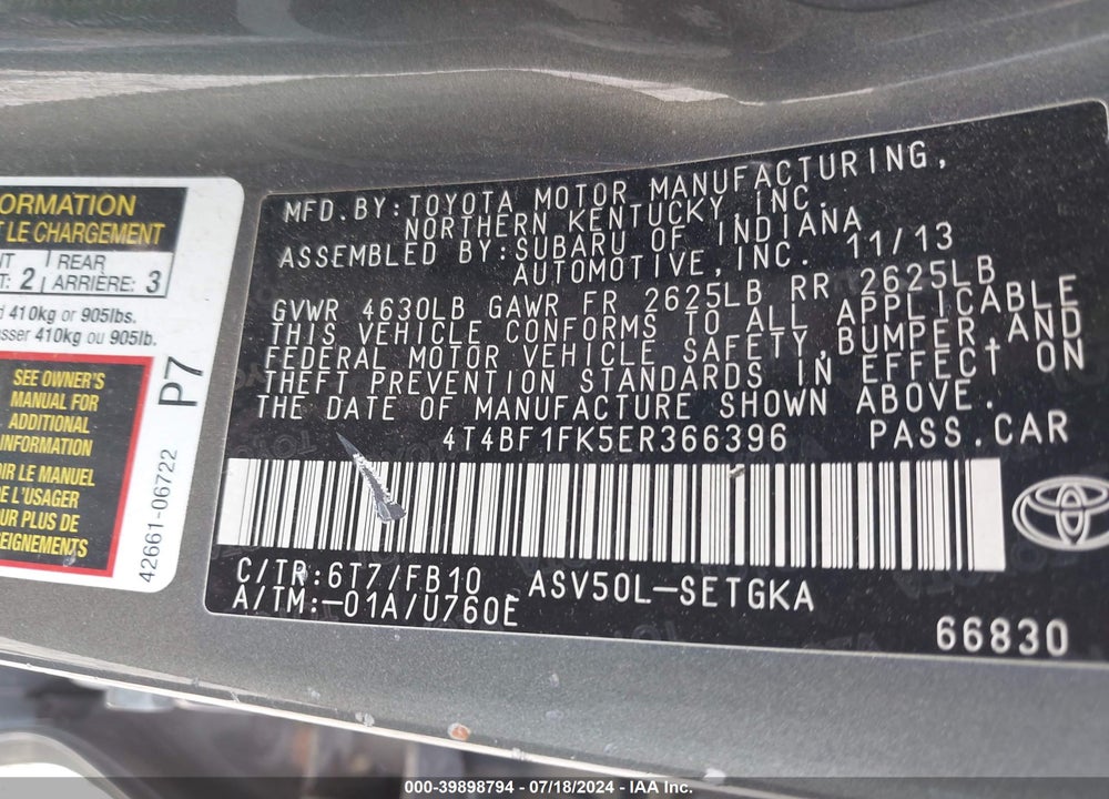 2014 TOYOTA CAMRY XLE VIN: 4T4BF1FK5ER366396