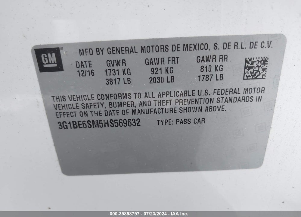 2017 CHEVROLET CRUZE LT AUTO VIN: 3G1BE6SM5HS569632