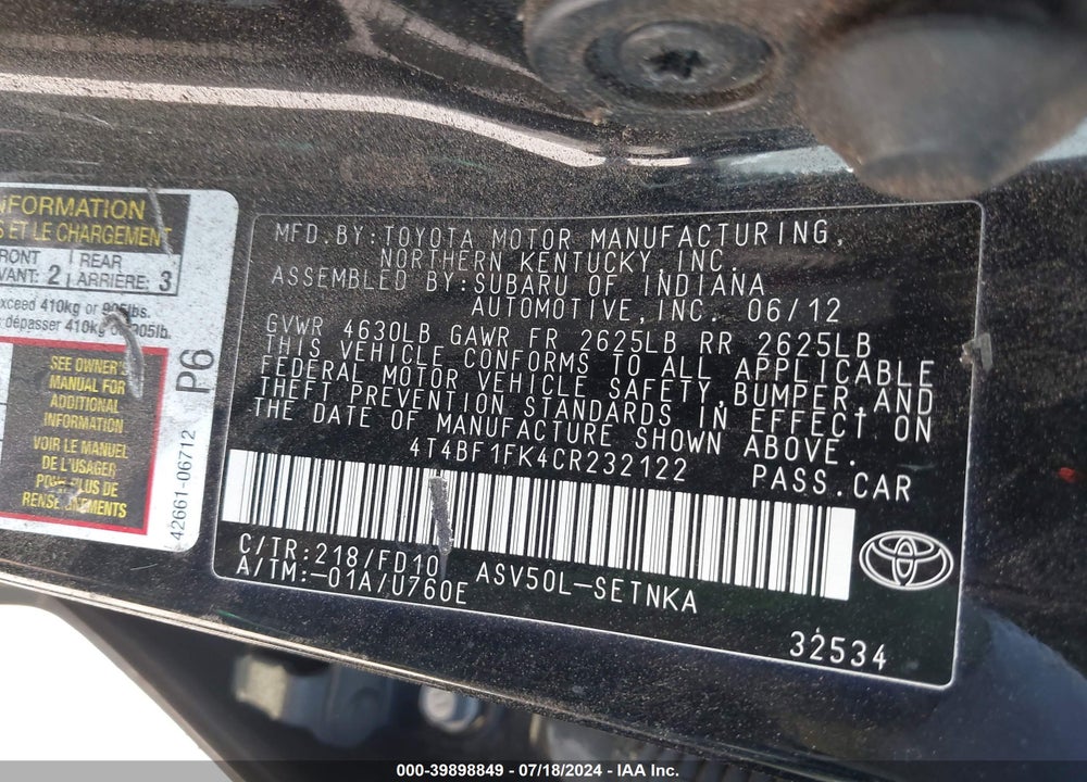 2012 TOYOTA CAMRY LE VIN: 4T4BF1FK4CR232122