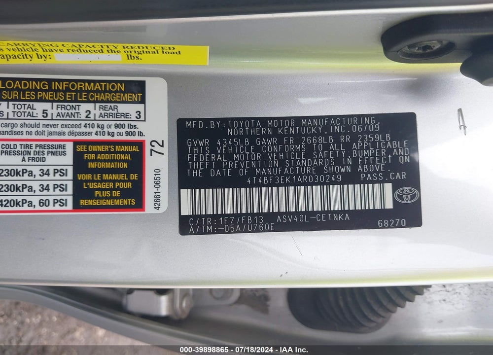 2010 TOYOTA CAMRY VIN: 4T4BF3EK1AR030249