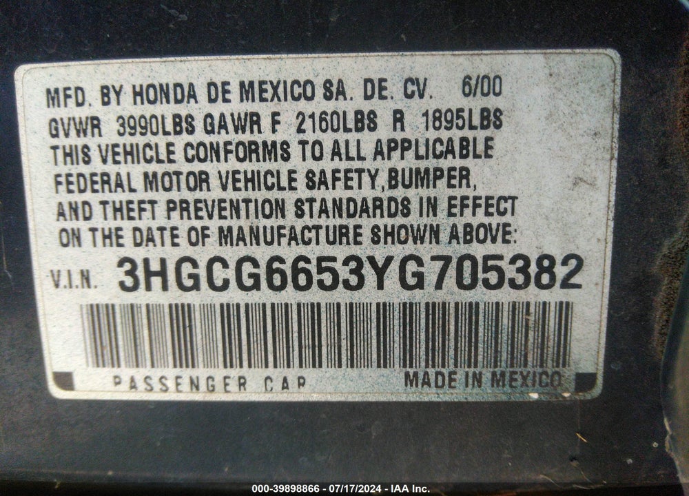 2000 HONDA ACCORD 2.3 LX VIN: 3HGCG6653YG705382
