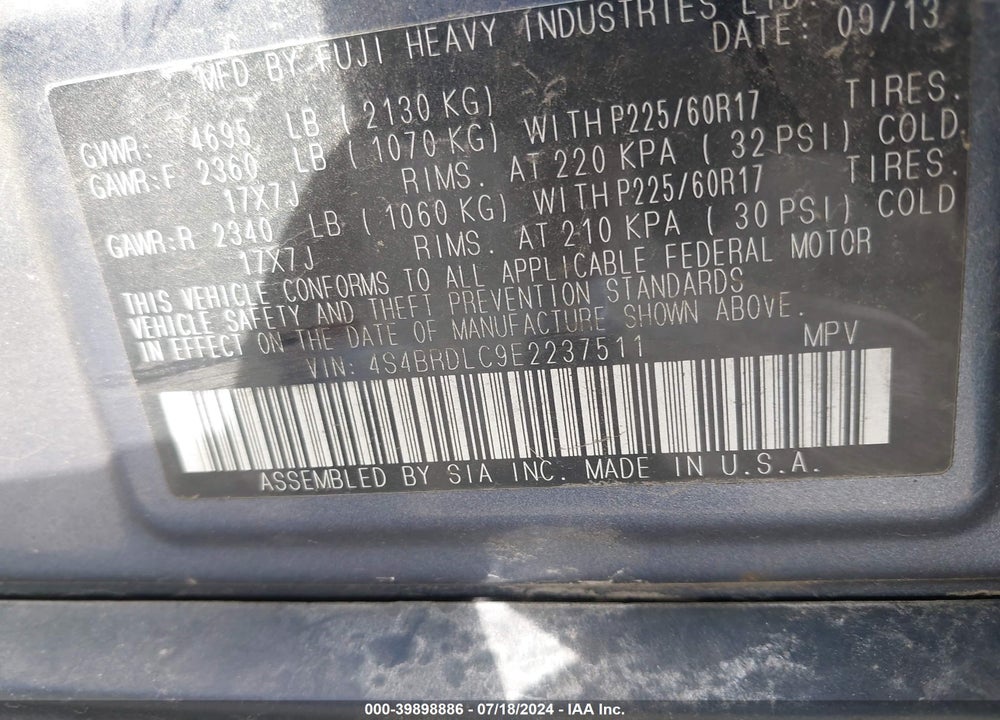 2014 SUBARU OUTBACK 3.6R LIMITED VIN: 4S4BRDLC9E2237511