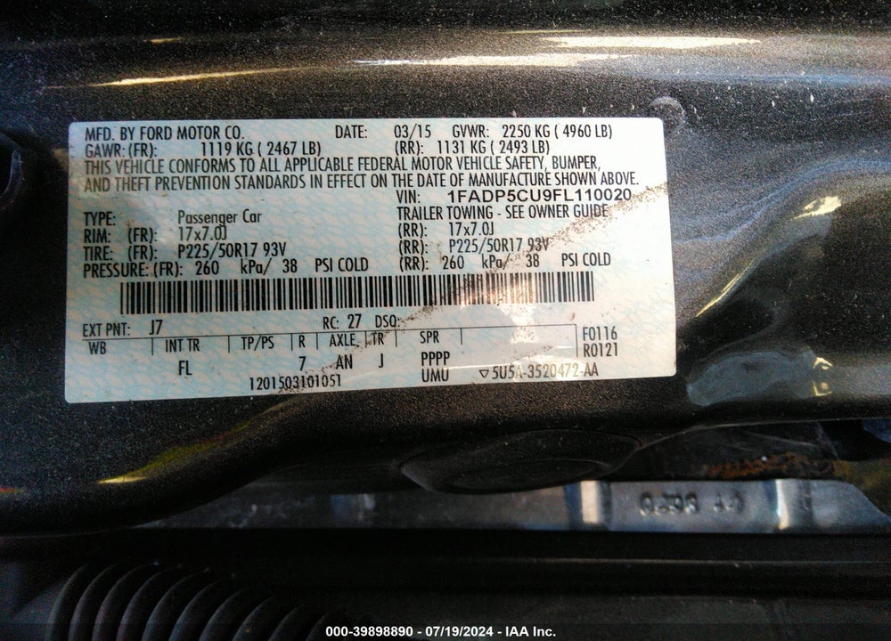 2015 FORD C-MAX ENERGI SEL VIN: 1FADP5CU9FL110020