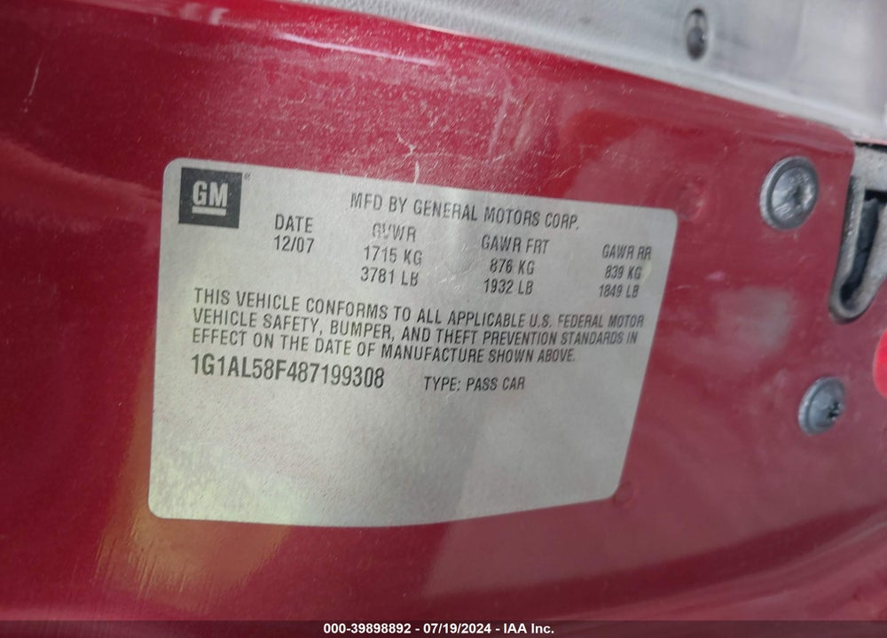 2008 CHEVROLET COBALT LT VIN: 1G1AL58F487199308